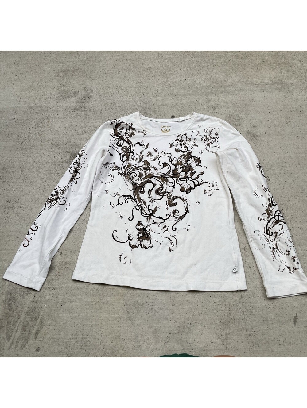 Chico's Zenergy White Brown Floral Graphic Long Sleeve T-Shirt Y2K Aesthetic S